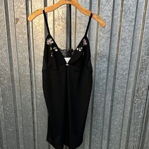 Oscar de la Renta Black Slip Dress with Pink and Green Floral Embroidery